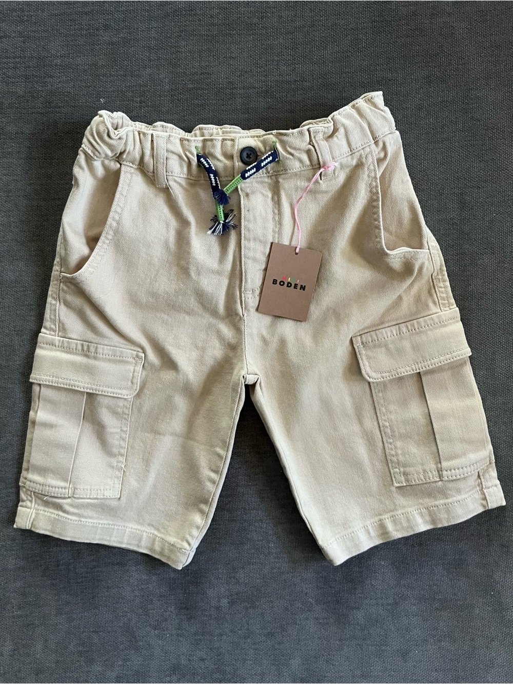 Mini Boden Beige Cargo Pants with Navy & Green Drawstring